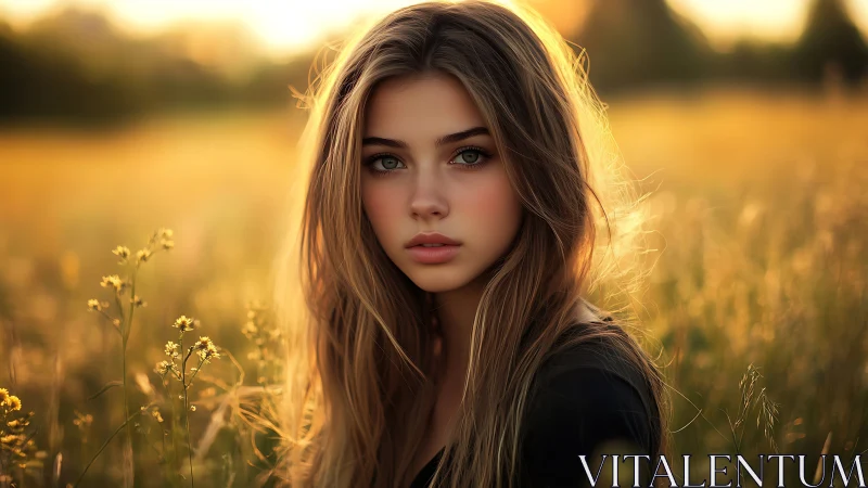 Soft evening sunlight welcomes a calm girl in golden fields