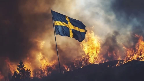 Swedish Flag Against Raging Wildfire: Dramatic Nordic Resilience Symbol