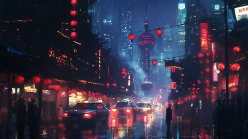 Neon drenched cyberpunk street converges toward futuristic tower