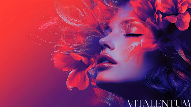 Dream-lit portrait drifts through neon blossoms and quiet fire