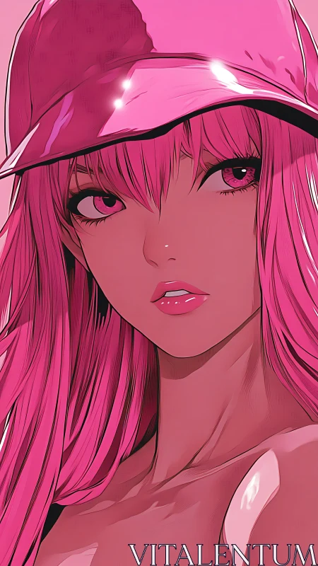 Pink haired anime girl in glossy cap close up portrait.