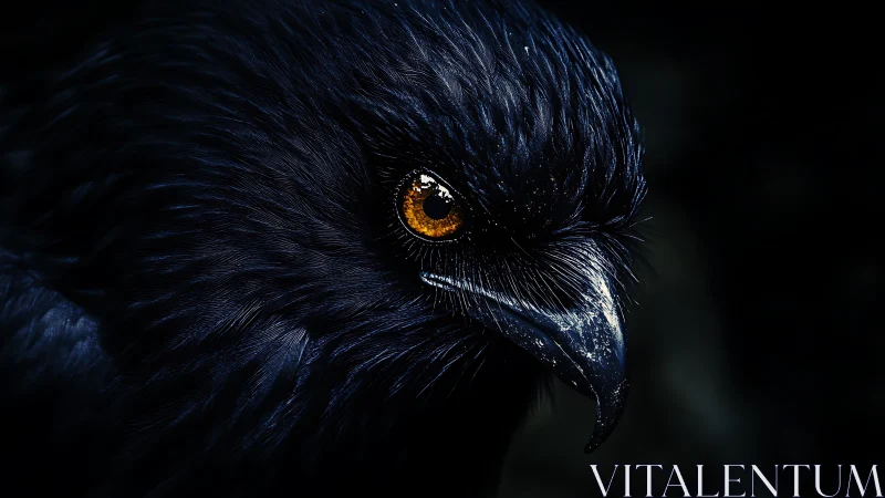 Striking Close-Up Portrait of a Black Bird with Intense Amber Eye.