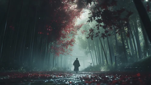 Solitary Figure in Illuminated Forest Corridor.