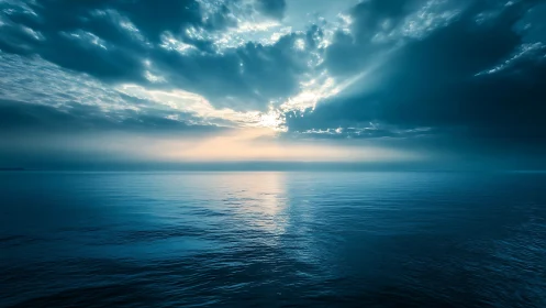 Stormlit ocean horizon under radiant cyan sunrise glow.