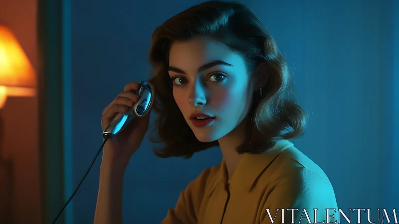 Retro-lit woman listens intently on sleek wired handset