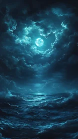 Moonlit waves rise gently beneath a glowing midnight sky