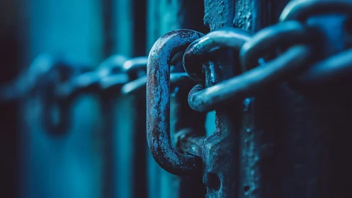 Weathered blue chain link holding quiet stories together.