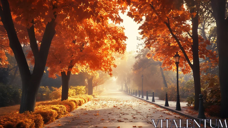 Tree lined park path in warm orange autumn morning light.