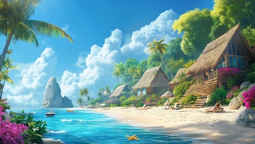 Tropical Paradise Awaits You. Serene beachside escape with thatched-roof homes.