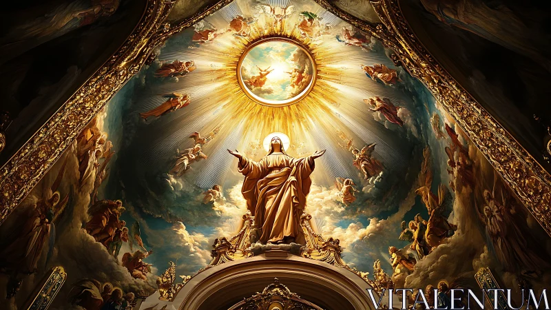 Baroque church ceiling with radiant Marian statue.