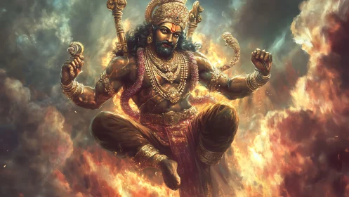 Mythological warrior deity amid swirling fire and clouds.