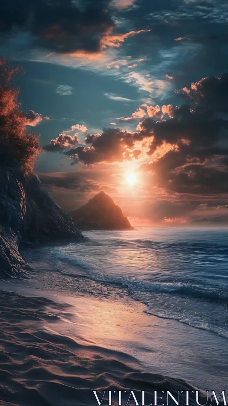 Dramatic rocky coastline at sunset with glowing clouds.