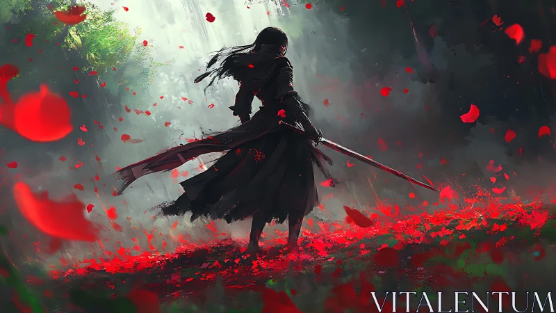 Lone swordmaster stands in a storm of crimson petals