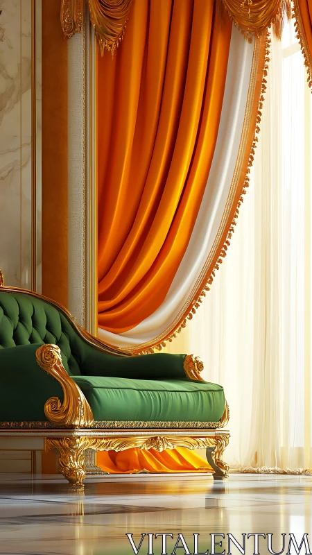 Green velvet sofa stands before ornate gold and orange drapery