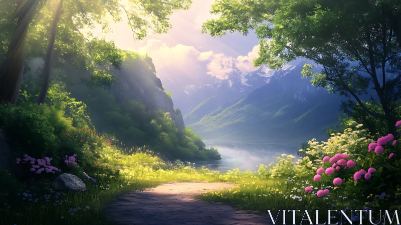 Radiant alpine valley with lakeside flora under volumetric light.