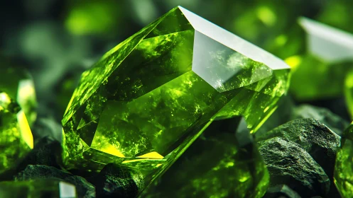 Emerald-green crystal cluster glows with vivid luminous depth