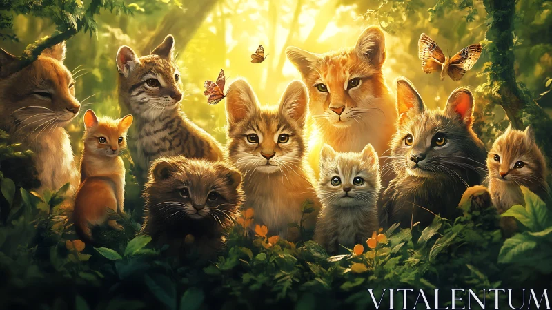 Enchanted Forest: Feline Gathering Illuminated by Golden Sunlight.