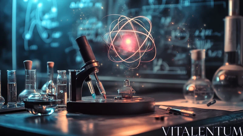 Laboratory microscope beneath stylized atomic energy model.