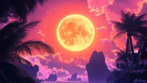 Dreamy tropical moonrise glowing over palm-framed shores.