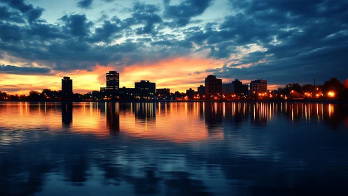City skyline reflected on calm water at vivid sunset.