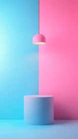 Bubblegum lamp over cyan pedestal in pastel split room.