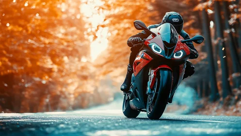 Sport motorcycle carving forest road with autumn glow.
