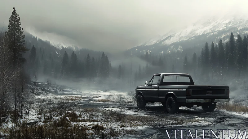Pickup truck stands on frozen track in foggy mountain valley