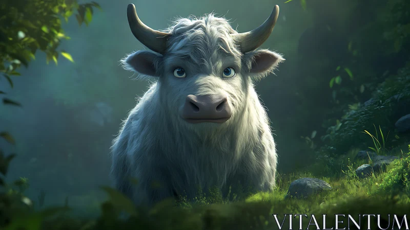 Gentle blue eyed yak explores a sunlit forest glade.