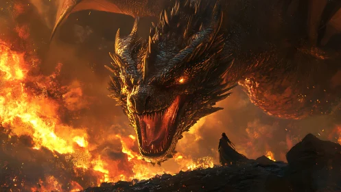 Gigantic fire dragon confronts lone cloaked figure amid flames