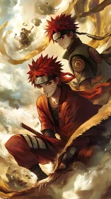 Dual anime warriors amid swirling golden storm clouds