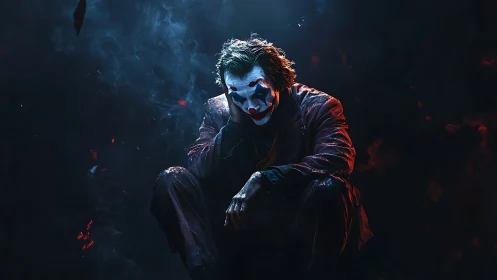 Brooding clown in smoky neon gloom contemplates chaos alone.