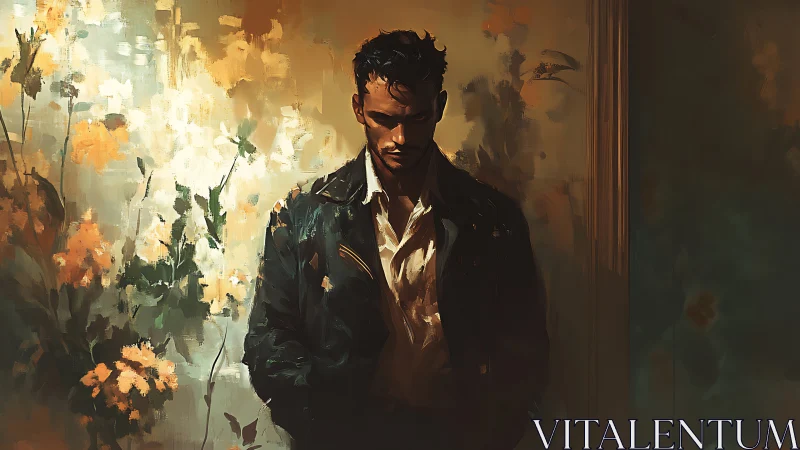 Moody figure in chiaroscuro bloom field, painterly isolation.