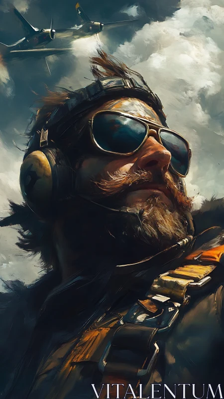 Storm-chasing pilot gazes skyward in bold painted portrait.