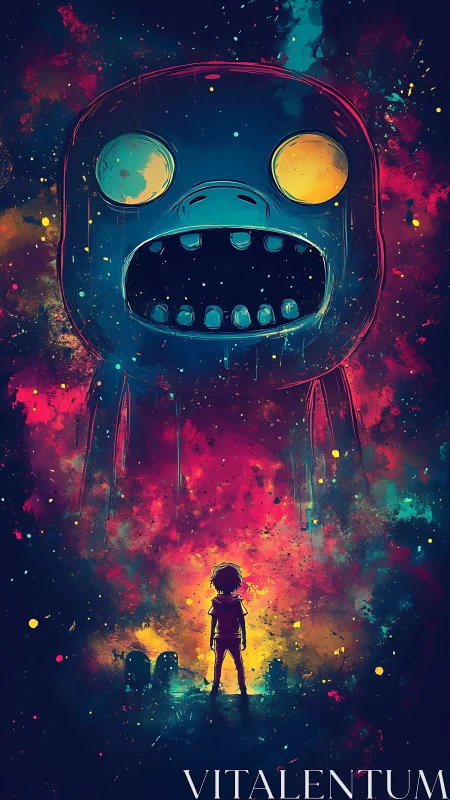 Child figure confronts towering monster in neon cosmic void