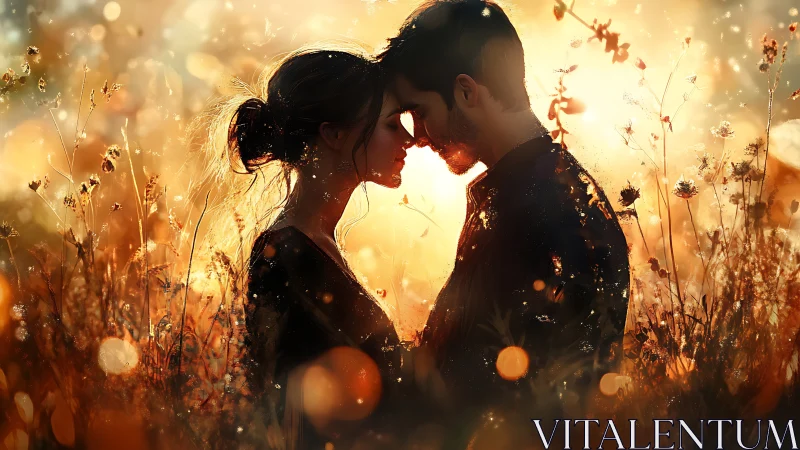 Silhouettes Embrace in Sunset Field of Wildflowers.