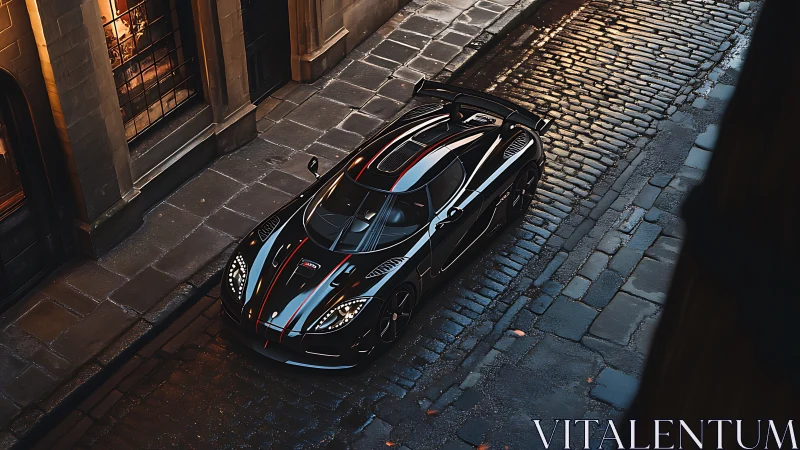 Black hypercar on wet cobblestone street at dusk.