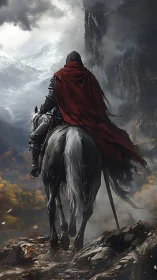 Armored rider surveying glaciated canyon from precipice vantage.