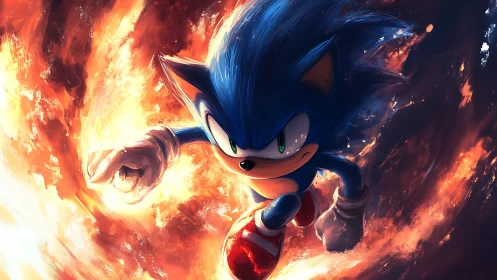 Blue hedgehog speeds forward through blazing vortex