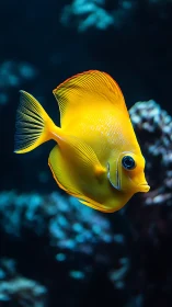 Yellow tropical fish in side profile against dark background.