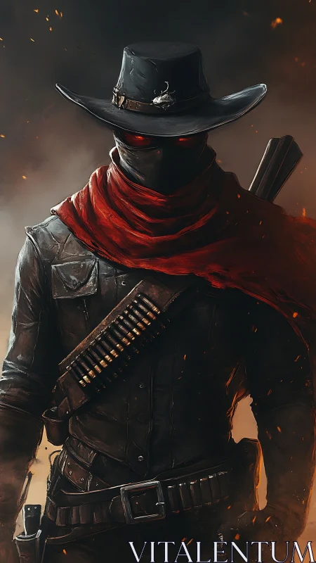 Demonic gunslinger in ember storm with red scarf and eyes.