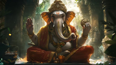 Seated Ganesha figure in ornate temple setting at dawn.