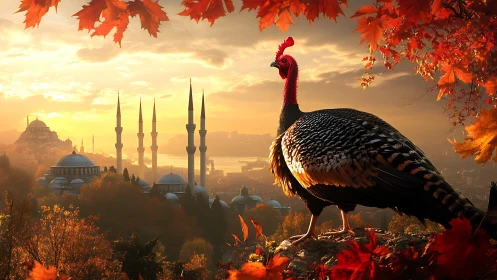 Bird overlooks mosque-dense cityscape at autumn sunset