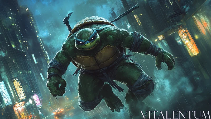 Midnight turtle sentinel storms through neon rain-soaked streets