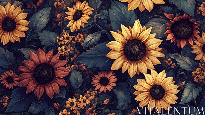Sunflowers and Wildflowers in Deep Teal Garden Composition