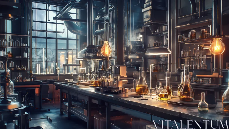 Alchemist’s steelwork lab glowing with amber experiment light.