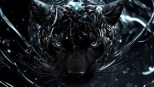 Liquid Metal Feline: Hyper-Reflective Cat Head with Crystalline Digital Effects