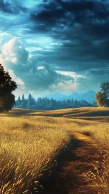 Golden field path under stormlit blue sky at sunrise.