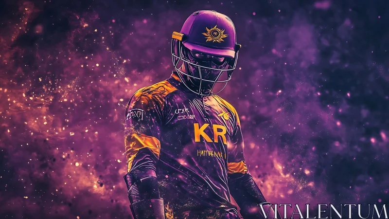 Neon purple cricket warrior stands in blazing cosmic haze.