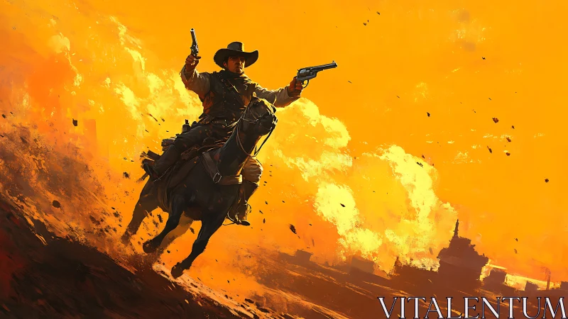 Galloping gunslinger charges through incendiary desert sky