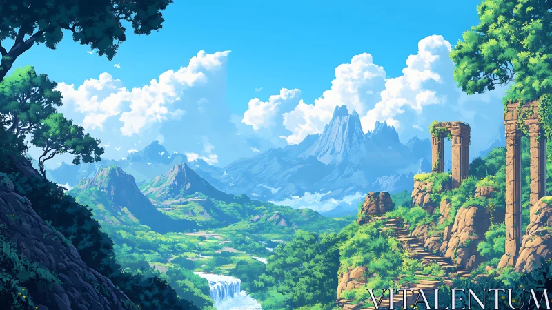 Lush mountain valley with ancient stone ruins and waterfall.